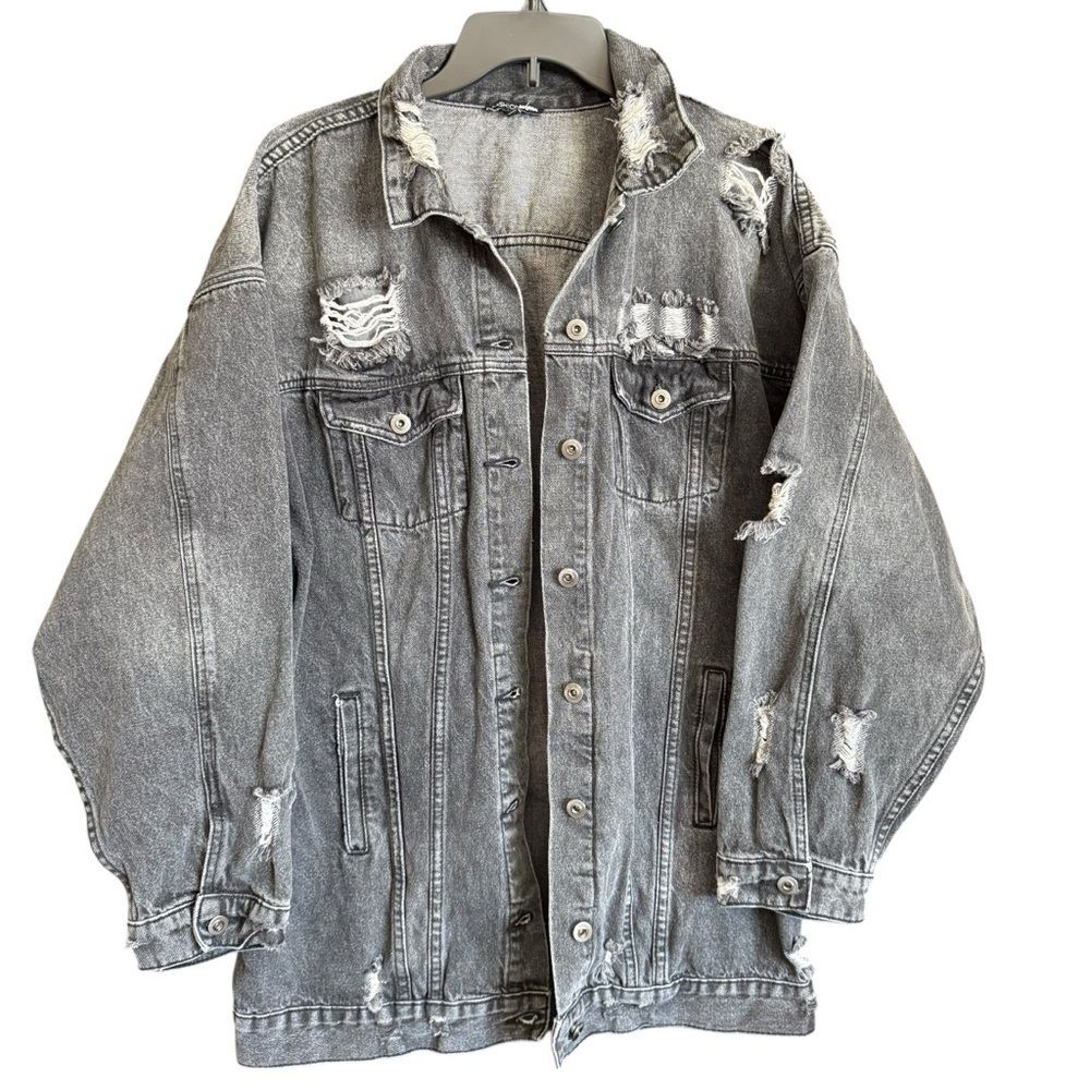Fashion Nova Oversized Distressed Light Black Denim Jacket Size XL Streetwear